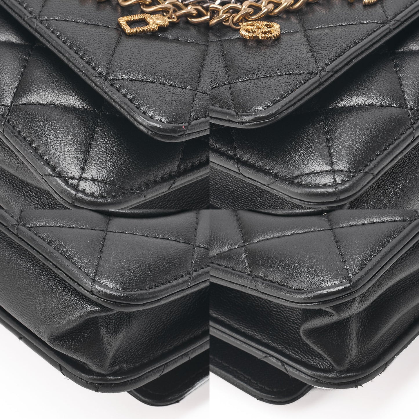 CHANEL Lambskin Matelasse Chain Wallet with Charm Black Gold x Silver-Tone Hardware, Pre-Owned