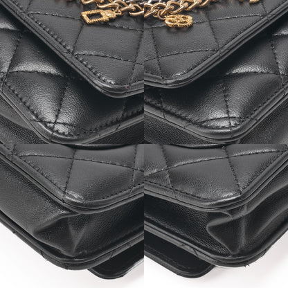 CHANEL Lambskin Matelasse Chain Wallet with Charm Black Gold x Silver-Tone Hardware, Pre-Owned