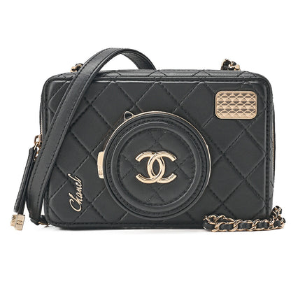 CHANEL Chain Shoulder Bag Matelasse Camera Bag Lambskin Black Gold-Tone Hardware, Pre-Owned