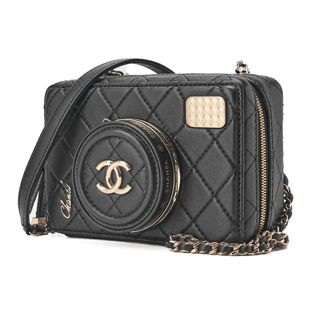 CHANEL Chain Shoulder Bag Matelasse Camera Bag Lambskin Black Gold-Tone Hardware, Pre-Owned