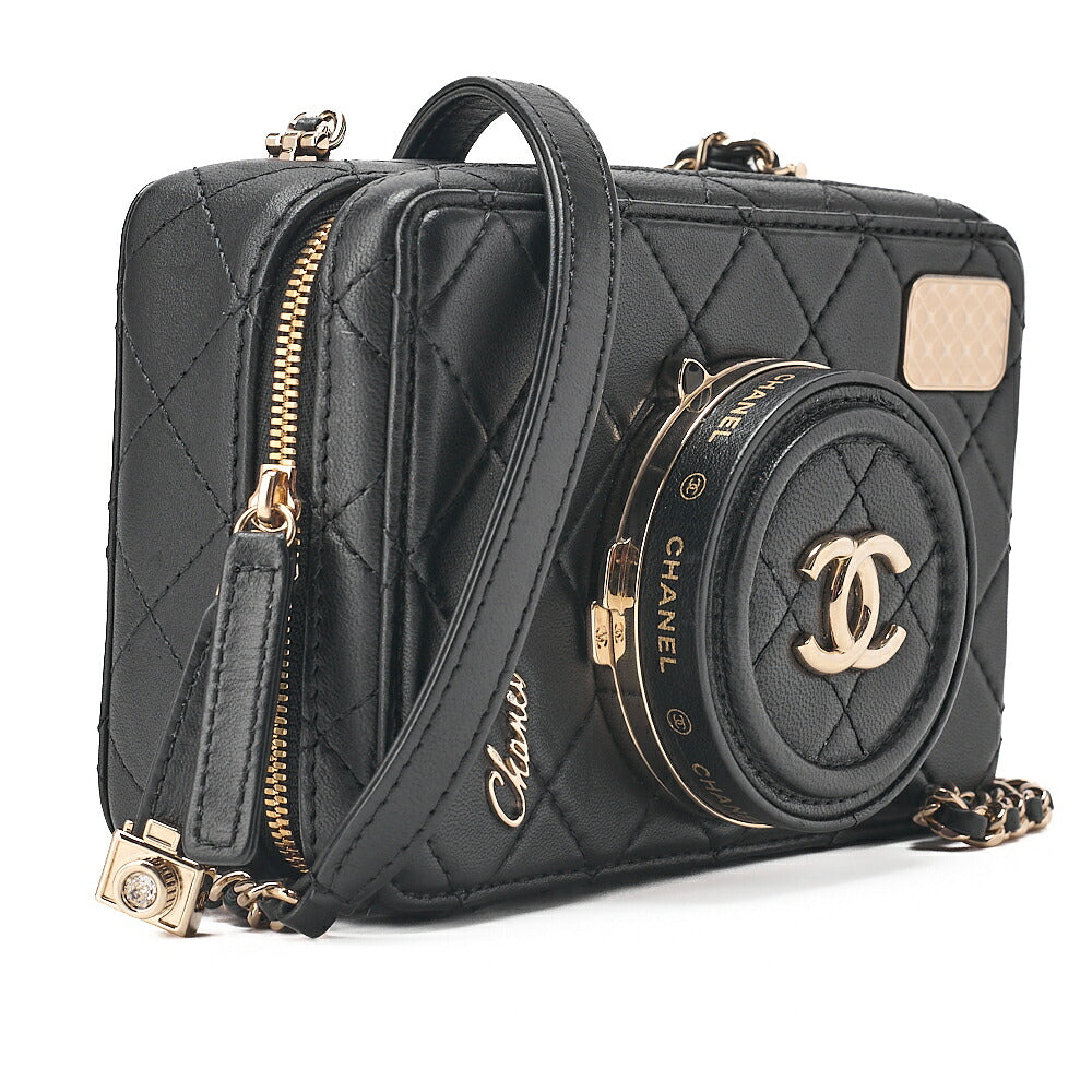 CHANEL Chain Shoulder Bag Matelasse Camera Bag Lambskin Black Gold-Tone Hardware, Pre-Owned
