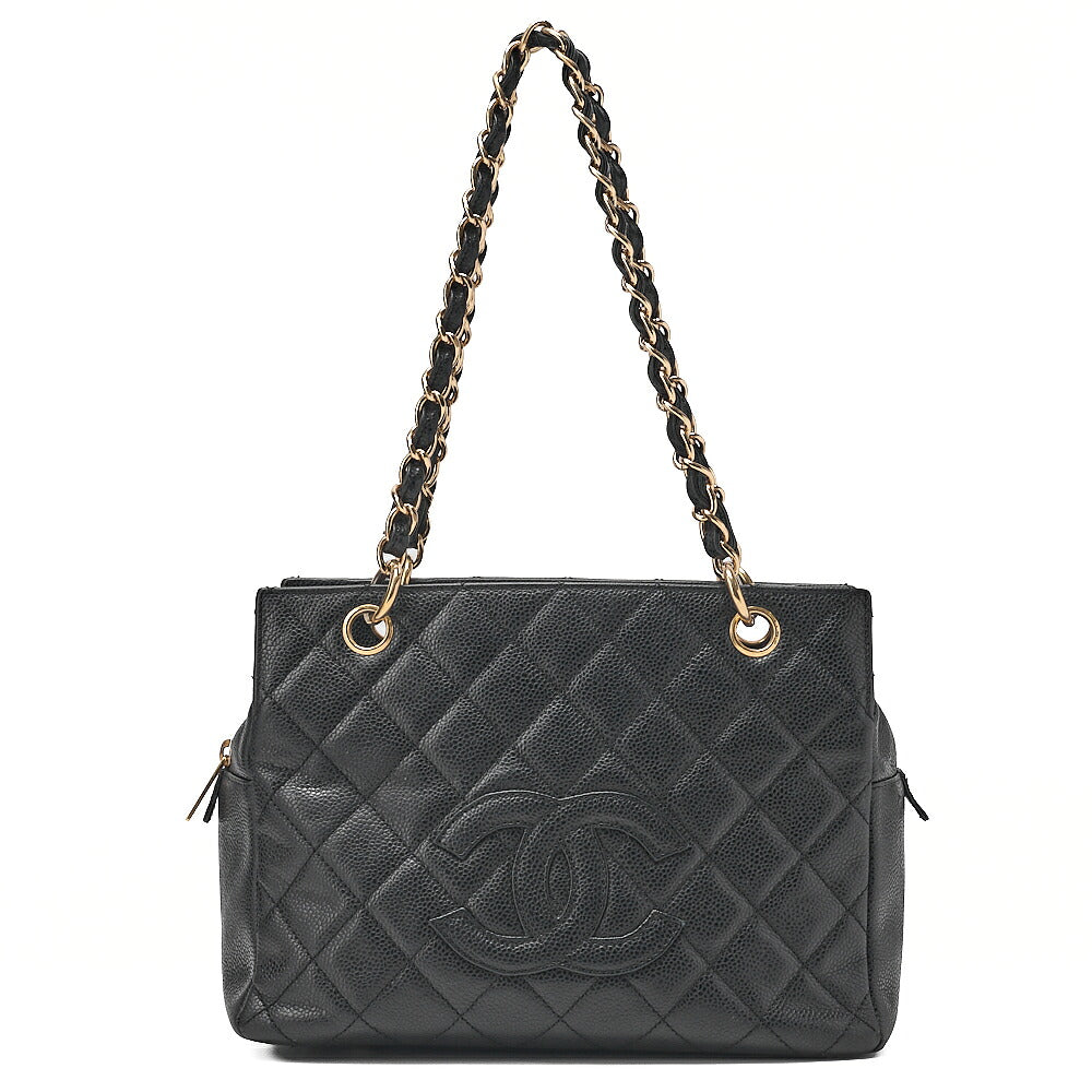 CHANEL Chain Tote PPT Matelasse Coco Mark Caviar Skin Black Gold-Tone Hardware, Pre-Owned