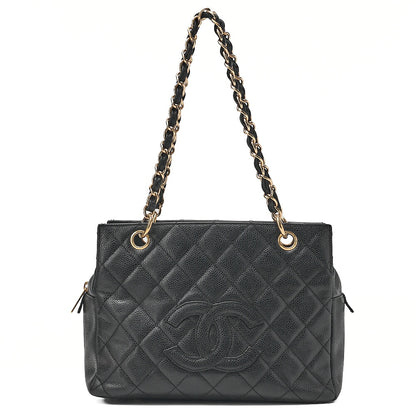 CHANEL Chain Tote PPT Matelasse Coco Mark Caviar Skin Black Gold-Tone Hardware, Pre-Owned