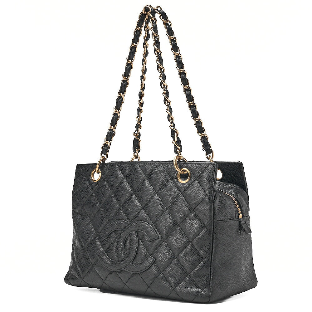 CHANEL Chain Tote PPT Matelasse Coco Mark Caviar Skin Black Gold-Tone Hardware, Pre-Owned