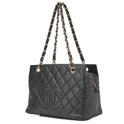 CHANEL Chain Tote PPT Matelasse Coco Mark Caviar Skin Black Gold-Tone Hardware, Pre-Owned