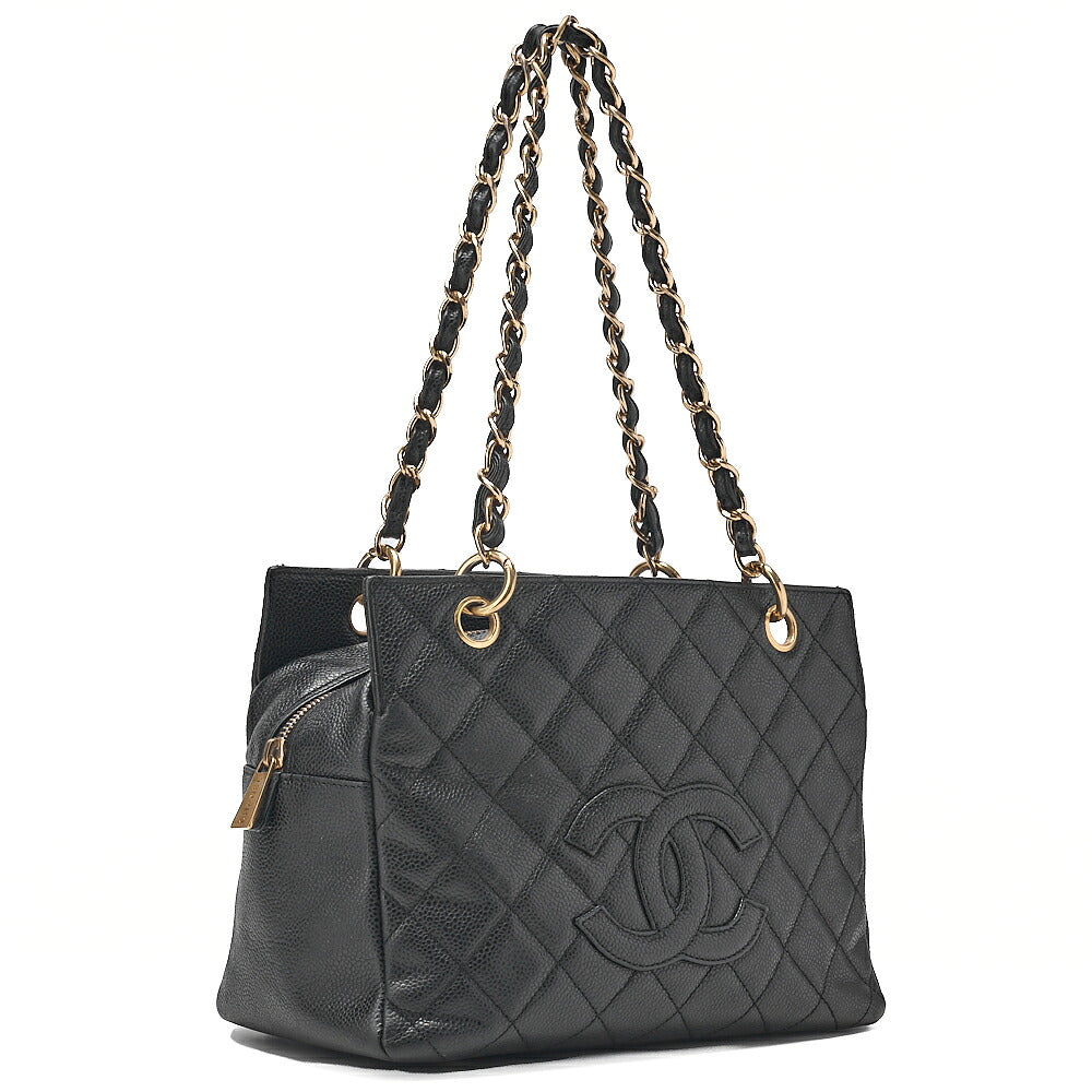 CHANEL Chain Tote PPT Matelasse Coco Mark Caviar Skin Black Gold-Tone Hardware, Pre-Owned