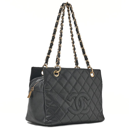 CHANEL Chain Tote PPT Matelasse Coco Mark Caviar Skin Black Gold-Tone Hardware, Pre-Owned