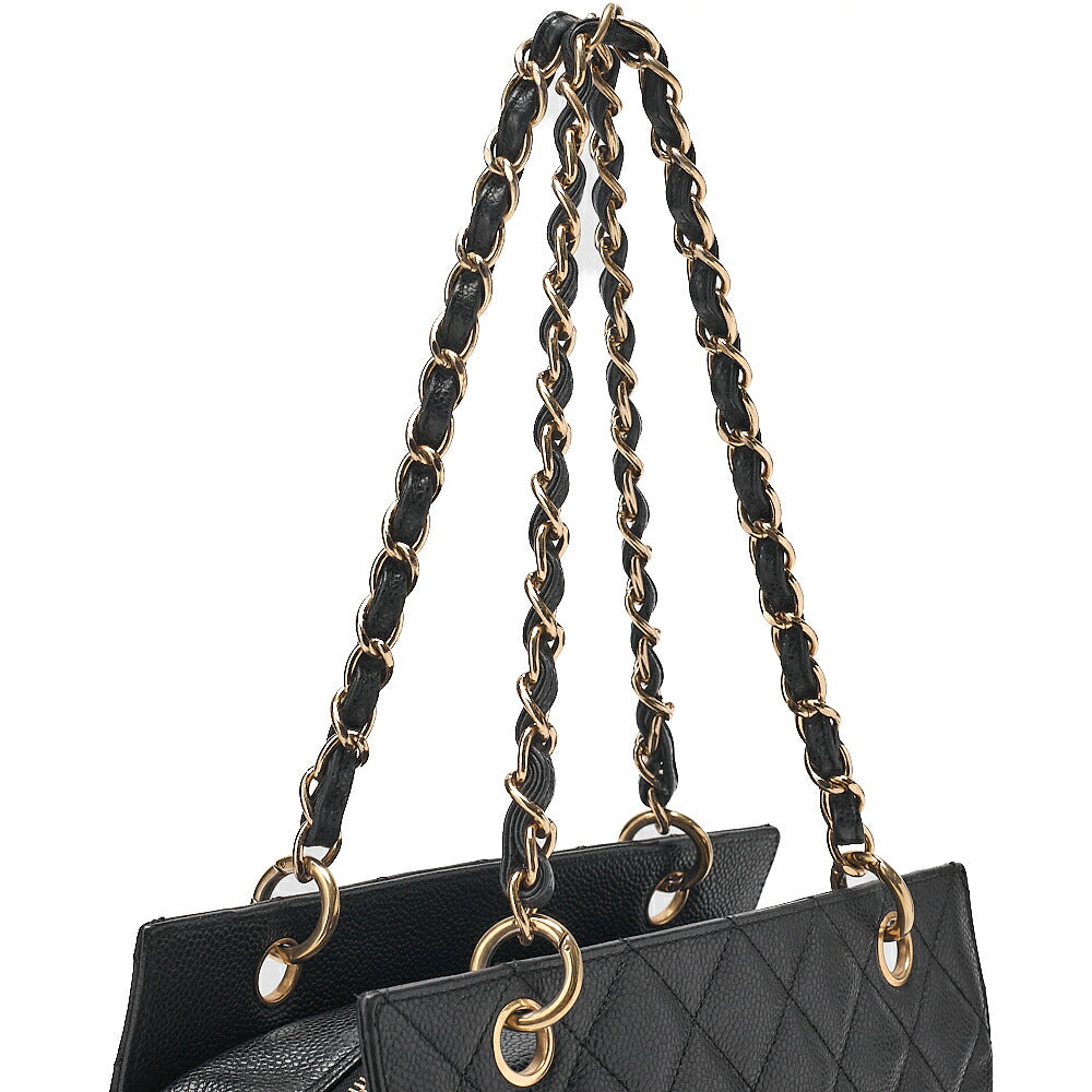 CHANEL Chain Tote PPT Matelasse Coco Mark Caviar Skin Black Gold-Tone Hardware, Pre-Owned