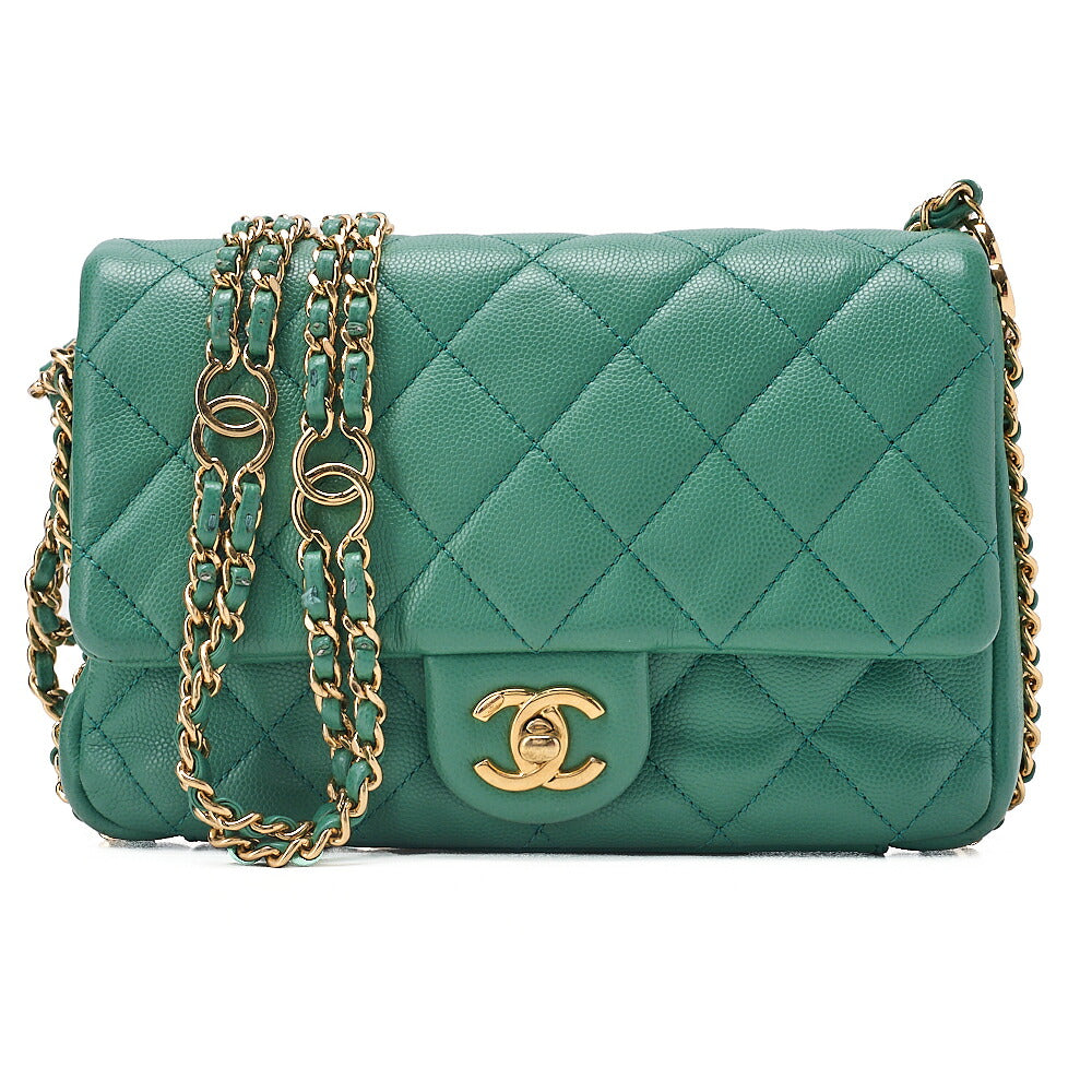 CHANEL Chanel Caviar Skin Turn Lock Single Flap Luxury Line Chain Shoulder Green Gold-Tone Hardware, Pre-Owned