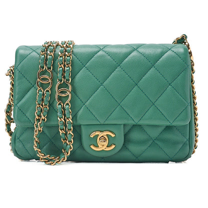 CHANEL Chanel Caviar Skin Turn Lock Single Flap Luxury Line Chain Shoulder Green Gold-Tone Hardware, Pre-Owned