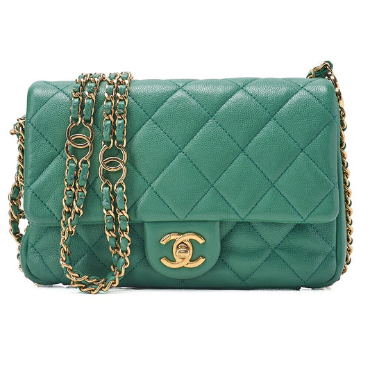 CHANEL Chanel Caviar Skin Turn Lock Single Flap Luxury Line Chain Shoulder Green Gold-Tone Hardware, Pre-Owned
