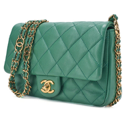 CHANEL Chanel Caviar Skin Turn Lock Single Flap Luxury Line Chain Shoulder Green Gold-Tone Hardware, Pre-Owned