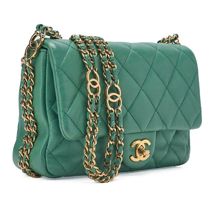 CHANEL Chanel Caviar Skin Turn Lock Single Flap Luxury Line Chain Shoulder Green Gold-Tone Hardware, Pre-Owned