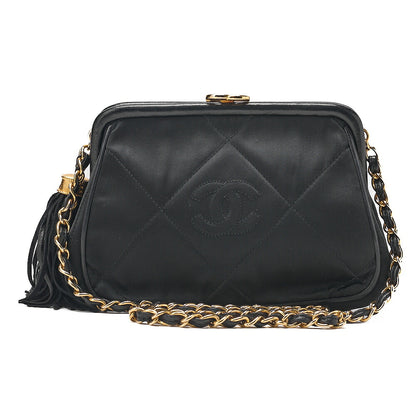 CHANEL Satin Clasp Matelasse Fringe Chain Shoulder Black Gold-Tone Hardware, Pre-Owned