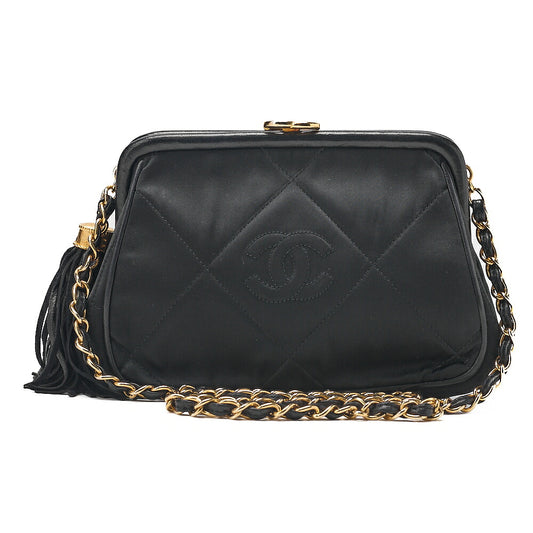 CHANEL Satin Clasp Matelasse Fringe Chain Shoulder Black Gold-Tone Hardware, Pre-Owned