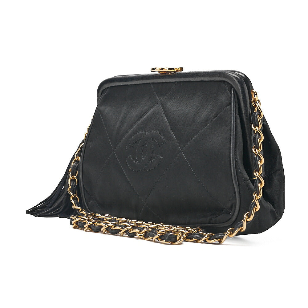 CHANEL Satin Clasp Matelasse Fringe Chain Shoulder Black Gold-Tone Hardware, Pre-Owned