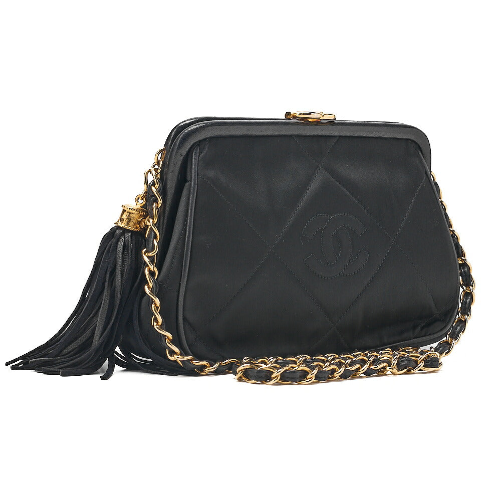 CHANEL Satin Clasp Matelasse Fringe Chain Shoulder Black Gold-Tone Hardware, Pre-Owned
