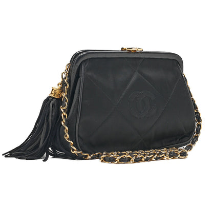 CHANEL Satin Clasp Matelasse Fringe Chain Shoulder Black Gold-Tone Hardware, Pre-Owned