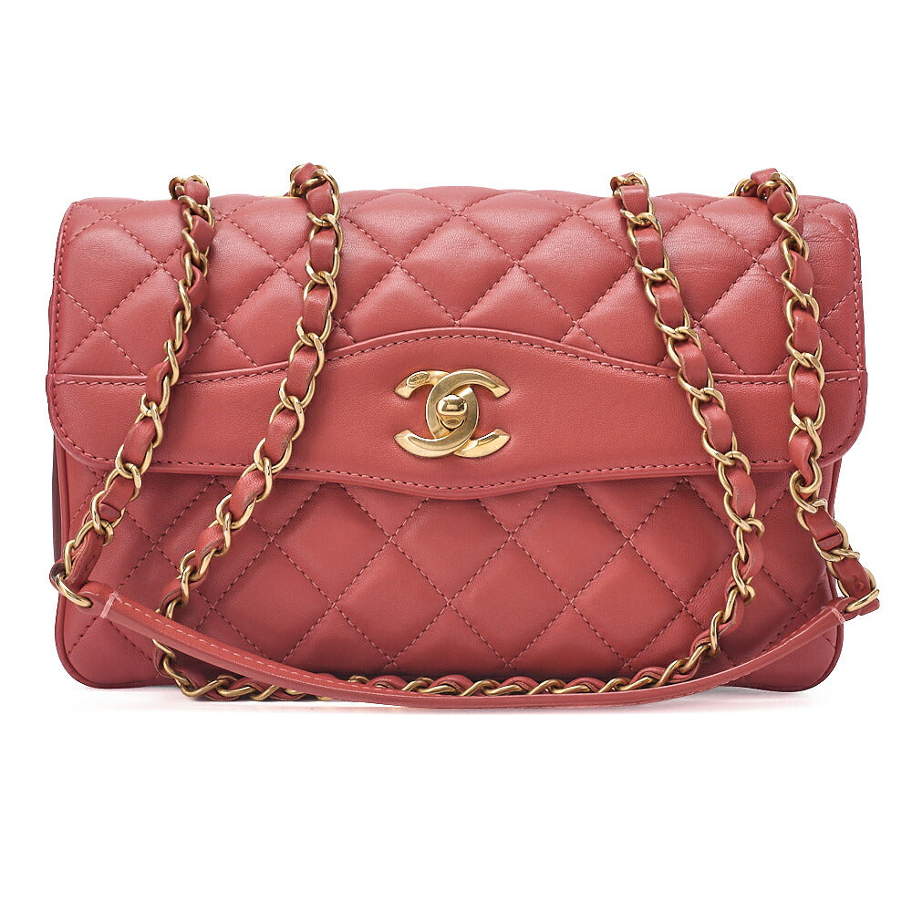 CHANEL Lambskin Matelasse Single Flap Chain Shoulder Pink Orange ｘ Bordeaux Gold-Tone Hardware, Pre-Owned