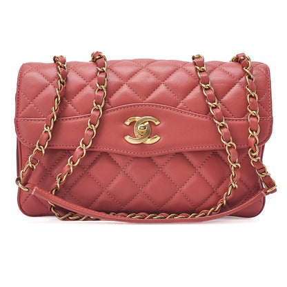 CHANEL Lambskin Matelasse Single Flap Chain Shoulder Pink Orange ｘ Bordeaux Gold-Tone Hardware, Pre-Owned