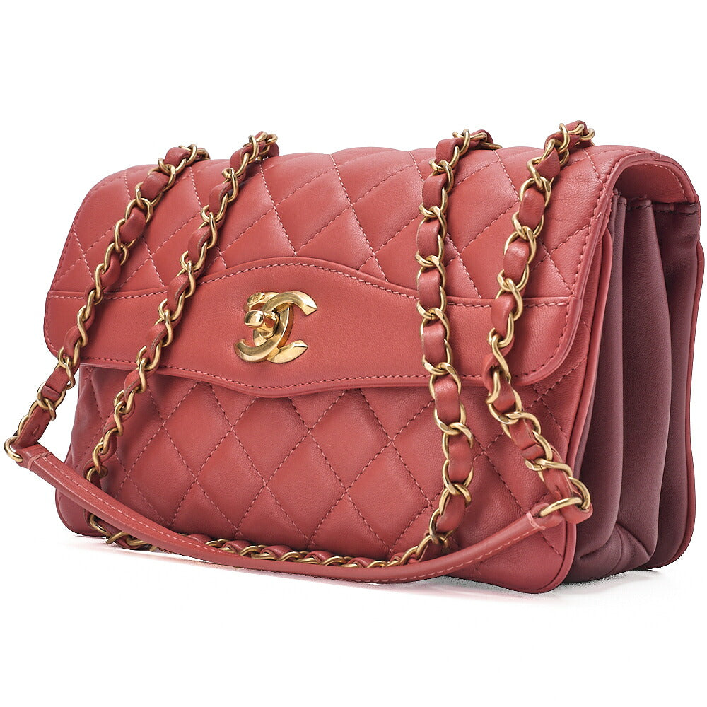 CHANEL Lambskin Matelasse Single Flap Chain Shoulder Pink Orange ｘ Bordeaux Gold-Tone Hardware, Pre-Owned