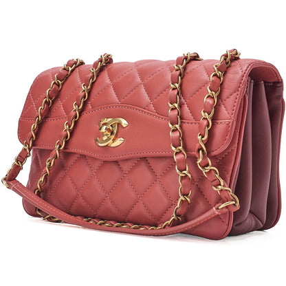 CHANEL Lambskin Matelasse Single Flap Chain Shoulder Pink Orange ｘ Bordeaux Gold-Tone Hardware, Pre-Owned