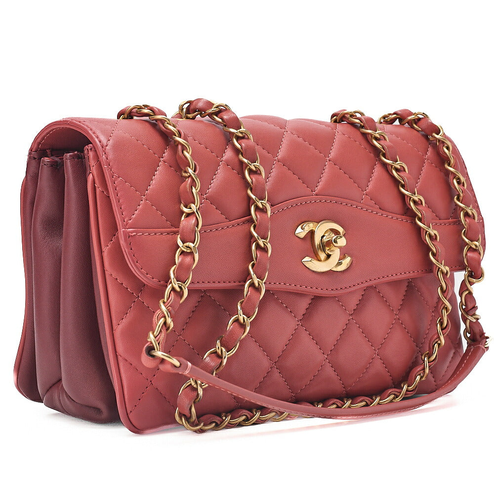 CHANEL Lambskin Matelasse Single Flap Chain Shoulder Pink Orange ｘ Bordeaux Gold-Tone Hardware, Pre-Owned