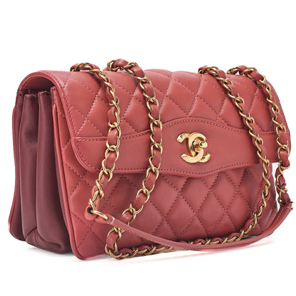 CHANEL Lambskin Matelasse Single Flap Chain Shoulder Pink Orange ｘ Bordeaux Gold-Tone Hardware, Pre-Owned
