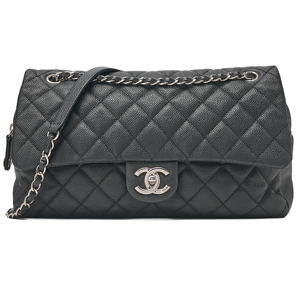 CHANEL Caviar Skin Deka Ma Lass? 30cm Single Flap Chain Shoulder Bag Black Silver-Tone Hardware, Pre-Owned