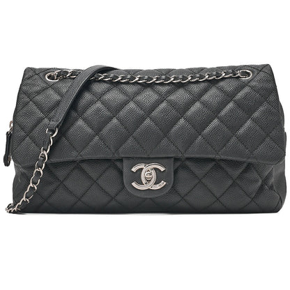 CHANEL Caviar Skin Deka Ma Lass? 30cm Single Flap Chain Shoulder Bag Black Silver-Tone Hardware, Pre-Owned