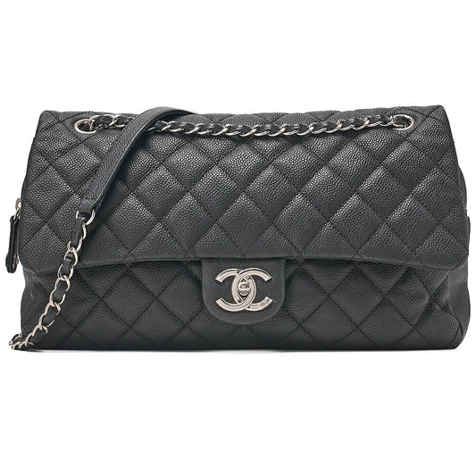 CHANEL Caviar Skin Deka Ma Lass? 30cm Single Flap Chain Shoulder Bag Black Silver-Tone Hardware, Pre-Owned