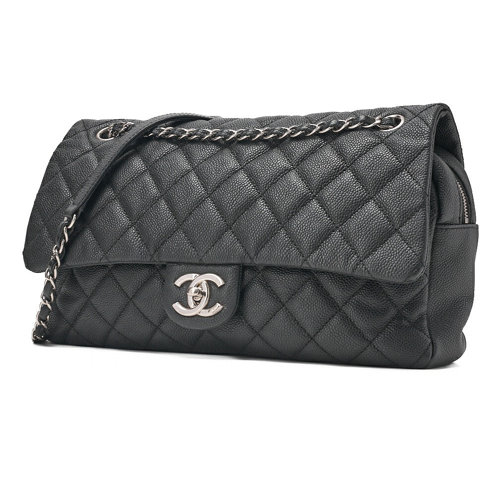 CHANEL Caviar Skin Deka Ma Lass? 30cm Single Flap Chain Shoulder Bag Black Silver-Tone Hardware, Pre-Owned