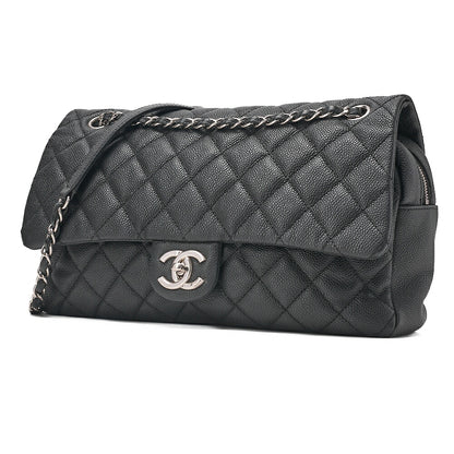 CHANEL Caviar Skin Deka Ma Lass? 30cm Single Flap Chain Shoulder Bag Black Silver-Tone Hardware, Pre-Owned