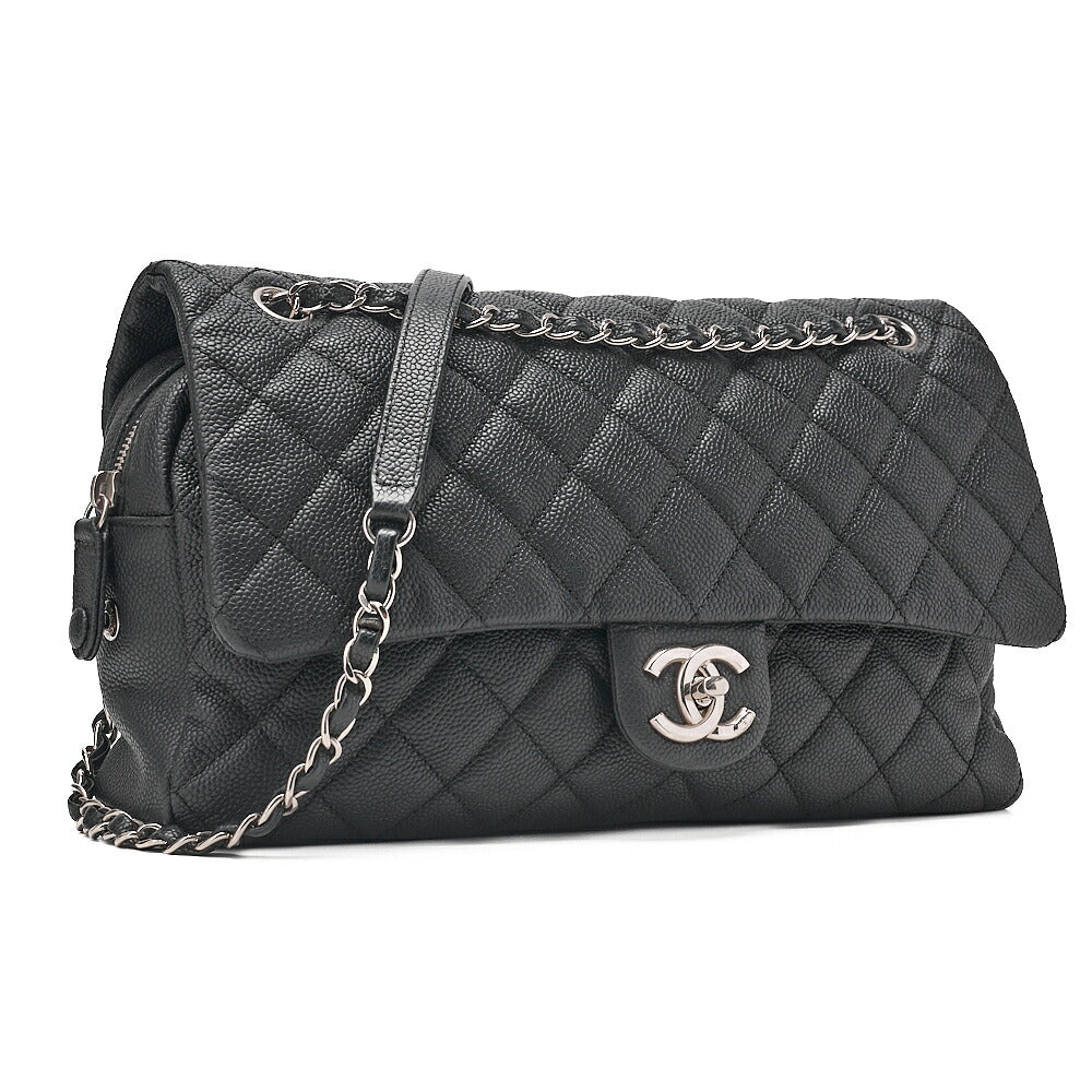 CHANEL Caviar Skin Deka Ma Lass? 30cm Single Flap Chain Shoulder Bag Black Silver-Tone Hardware, Pre-Owned