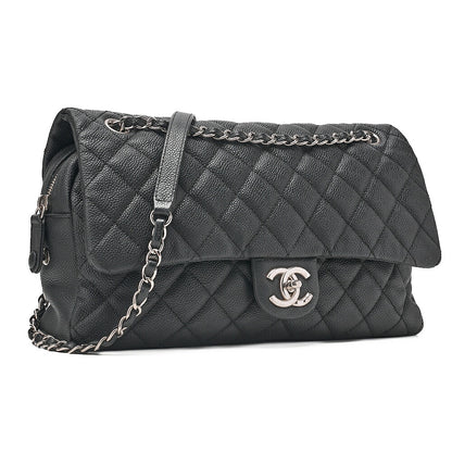 CHANEL Caviar Skin Deka Ma Lass? 30cm Single Flap Chain Shoulder Bag Black Silver-Tone Hardware, Pre-Owned