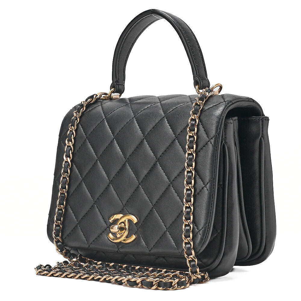 CHANEL Lambskin Matelasse Turn Lock 2-Way Chain Shoulder Black Gold-Tone Hardware, Pre-Owned