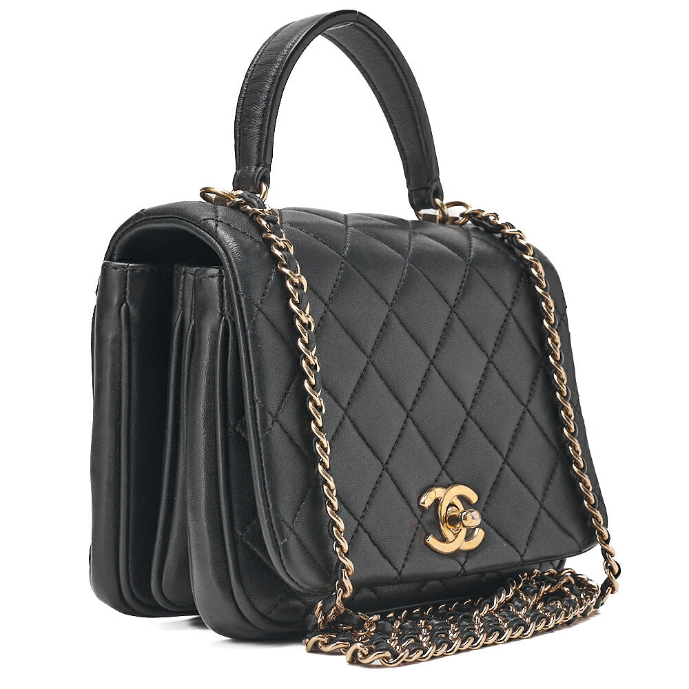 CHANEL Lambskin Matelasse Turn Lock 2-Way Chain Shoulder Black Gold-Tone Hardware, Pre-Owned