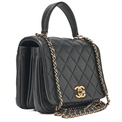 CHANEL Lambskin Matelasse Turn Lock 2-Way Chain Shoulder Black Gold-Tone Hardware, Pre-Owned