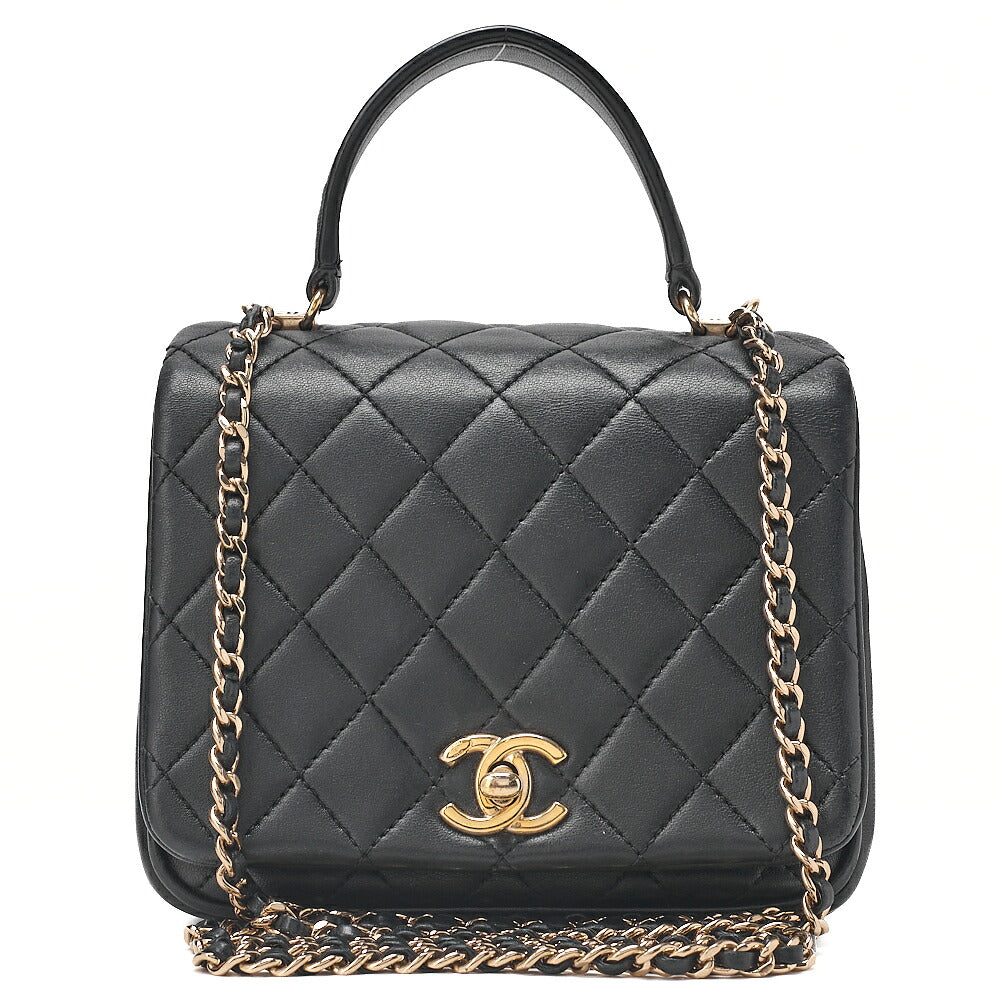 CHANEL Lambskin Matelasse Turn Lock 2-Way Chain Shoulder Black Gold-Tone Hardware, Pre-Owned