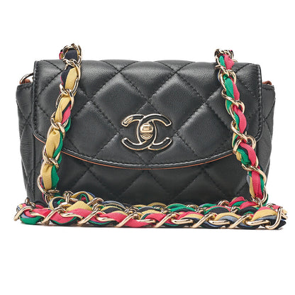 CHANEL Chain Shoulder Bag Minimatilass? 16 Lambskin x Canvas Black Gold-Tone Hardware, Pre-Owned
