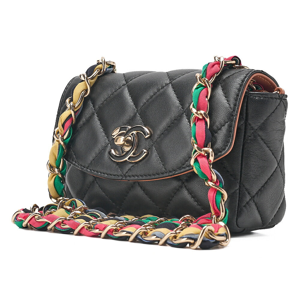 CHANEL Chain Shoulder Bag Minimatilass? 16 Lambskin x Canvas Black Gold-Tone Hardware, Pre-Owned