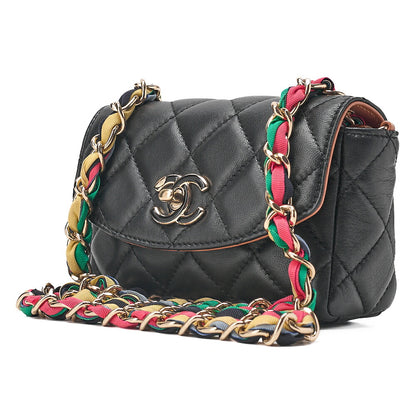 CHANEL Chain Shoulder Bag Minimatilass? 16 Lambskin x Canvas Black Gold-Tone Hardware, Pre-Owned