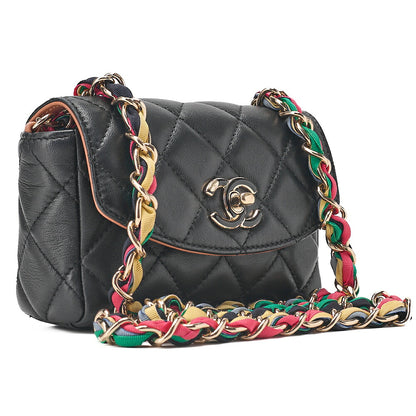 CHANEL Chain Shoulder Bag Minimatilass? 16 Lambskin x Canvas Black Gold-Tone Hardware, Pre-Owned