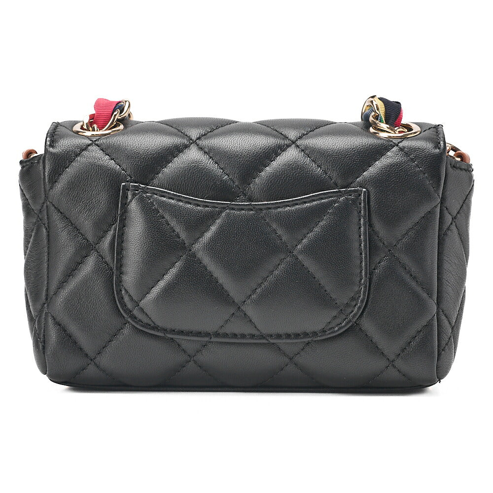 CHANEL Chain Shoulder Bag Minimatilass? 16 Lambskin x Canvas Black Gold-Tone Hardware, Pre-Owned