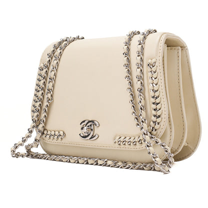 CHANEL Lambskin Turn Lock Full Flap Luxury Line Chain Shoulder Ivory Silver-Tone Hardware, Pre-Owned