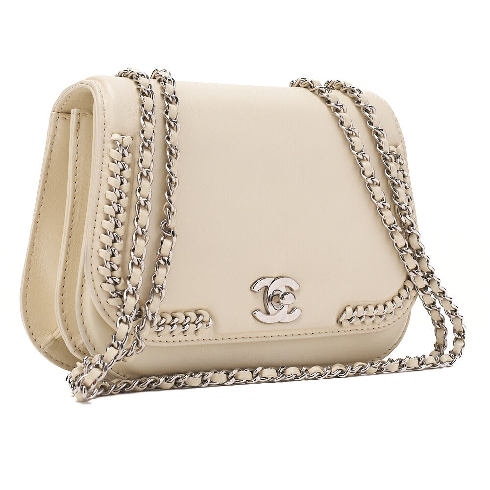 CHANEL Lambskin Turn Lock Full Flap Luxury Line Chain Shoulder Ivory Silver-Tone Hardware, Pre-Owned