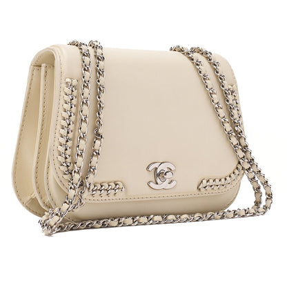 CHANEL Lambskin Turn Lock Full Flap Luxury Line Chain Shoulder Ivory Silver-Tone Hardware, Pre-Owned