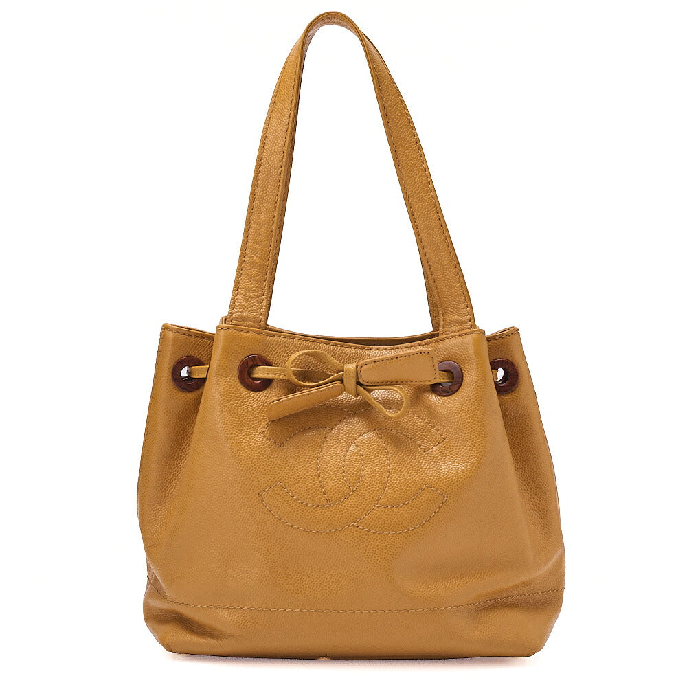 CHANEL Tote Bag Caviar Skin Coco Mark Wood Pattern Drawstring Pouch Gold-Tone Hardware, Pre-Owned
