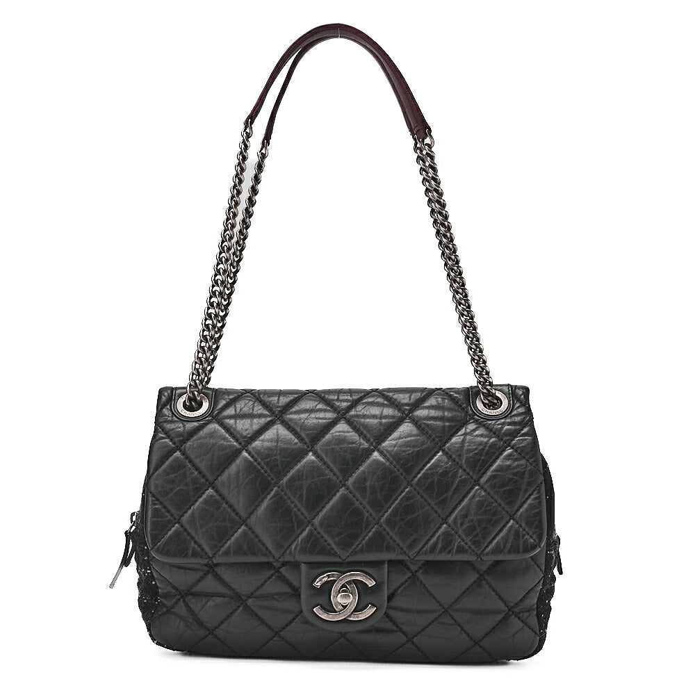 CHANEL Vintage Calf x Tweed Matelasse Single Chain Shoulder Bag Black Silver-Tone Hardware, Pre-Owned
