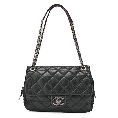 CHANEL Vintage Calf x Tweed Matelasse Single Chain Shoulder Bag Black Silver-Tone Hardware, Pre-Owned